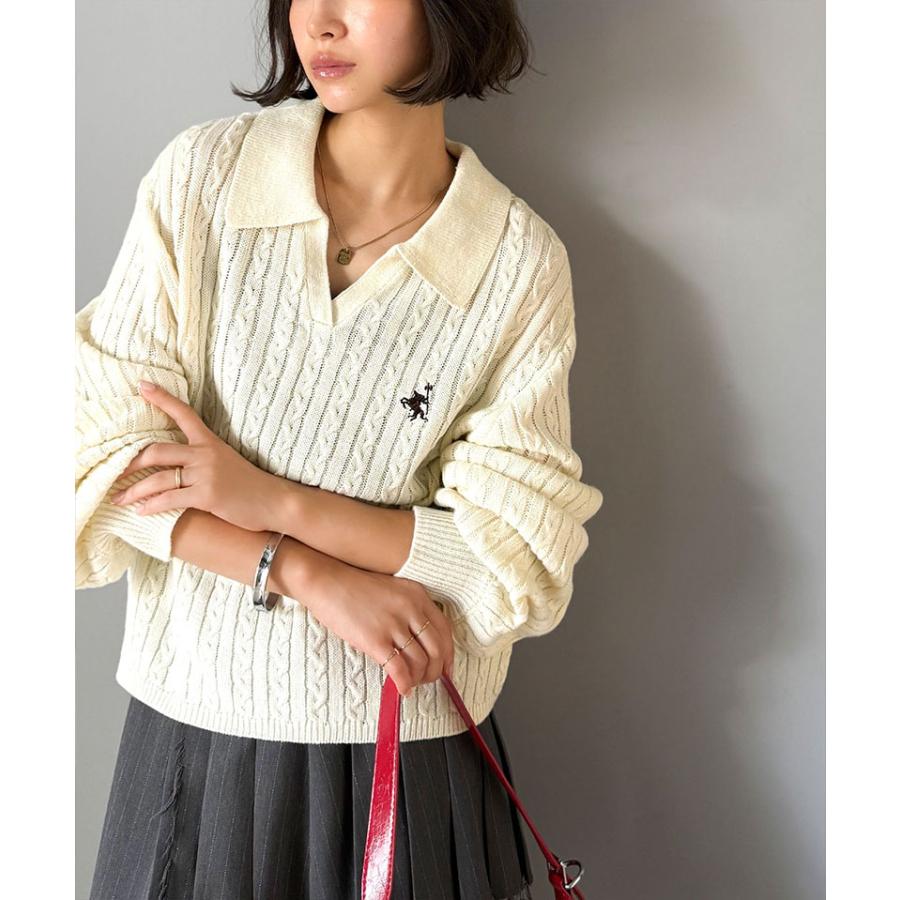 【 クラシカルエルフ classical elf 】ニット レディース 長袖 トップス 品よく華やぐ 胸 刺繍 ケーブル 編み ポロ 襟 スキッパーニット ボリューム | classicalelf | 03