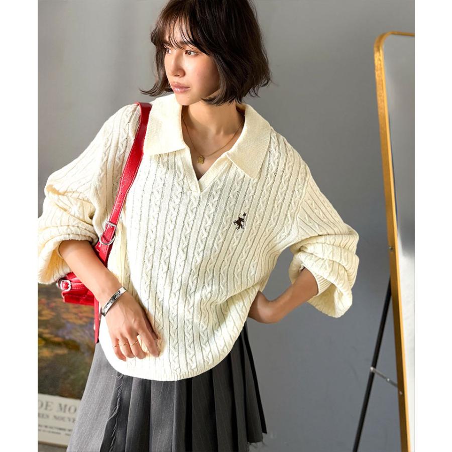 【 クラシカルエルフ classical elf 】ニット レディース 長袖 トップス 品よく華やぐ 胸 刺繍 ケーブル 編み ポロ 襟 スキッパーニット ボリューム | classicalelf | 04