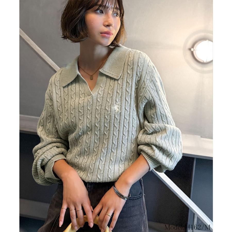 【 クラシカルエルフ classical elf 】ニット レディース 長袖 トップス 品よく華やぐ 胸 刺繍 ケーブル 編み ポロ 襟 スキッパーニット ボリューム | classicalelf | 05