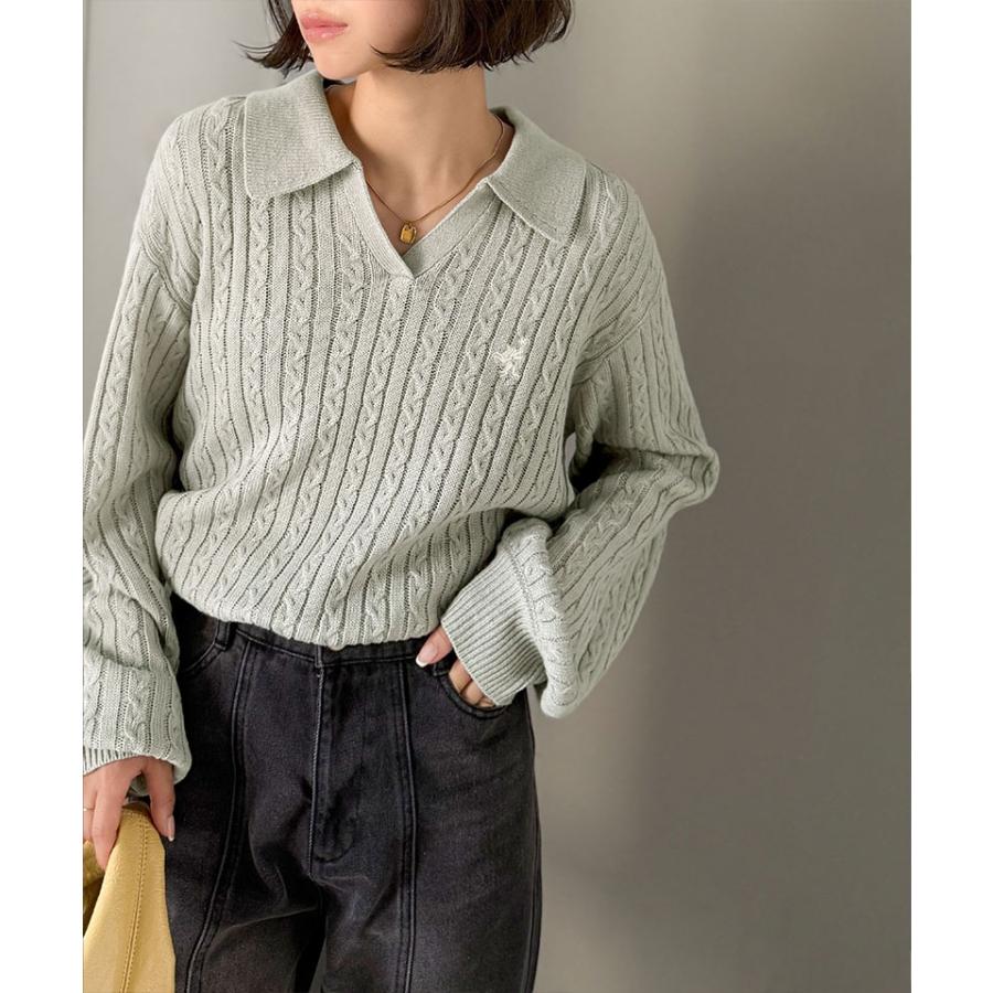 【 クラシカルエルフ classical elf 】ニット レディース 長袖 トップス 品よく華やぐ 胸 刺繍 ケーブル 編み ポロ 襟 スキッパーニット ボリューム | classicalelf | 06