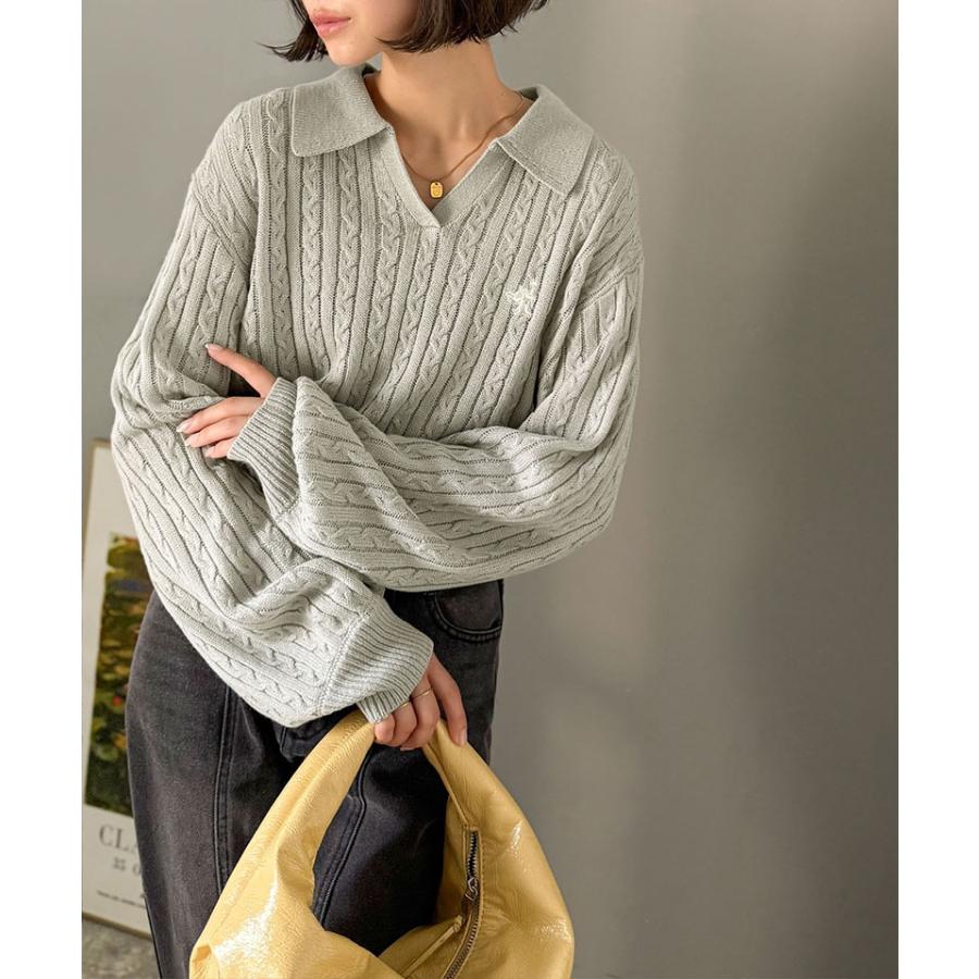 【 クラシカルエルフ classical elf 】ニット レディース 長袖 トップス 品よく華やぐ 胸 刺繍 ケーブル 編み ポロ 襟 スキッパーニット ボリューム | classicalelf | 07