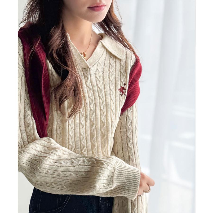 【 クラシカルエルフ classical elf 】ニット レディース 長袖 トップス 品よく華やぐ 胸 刺繍 ケーブル 編み ポロ 襟 スキッパーニット ボリューム | classicalelf | 09
