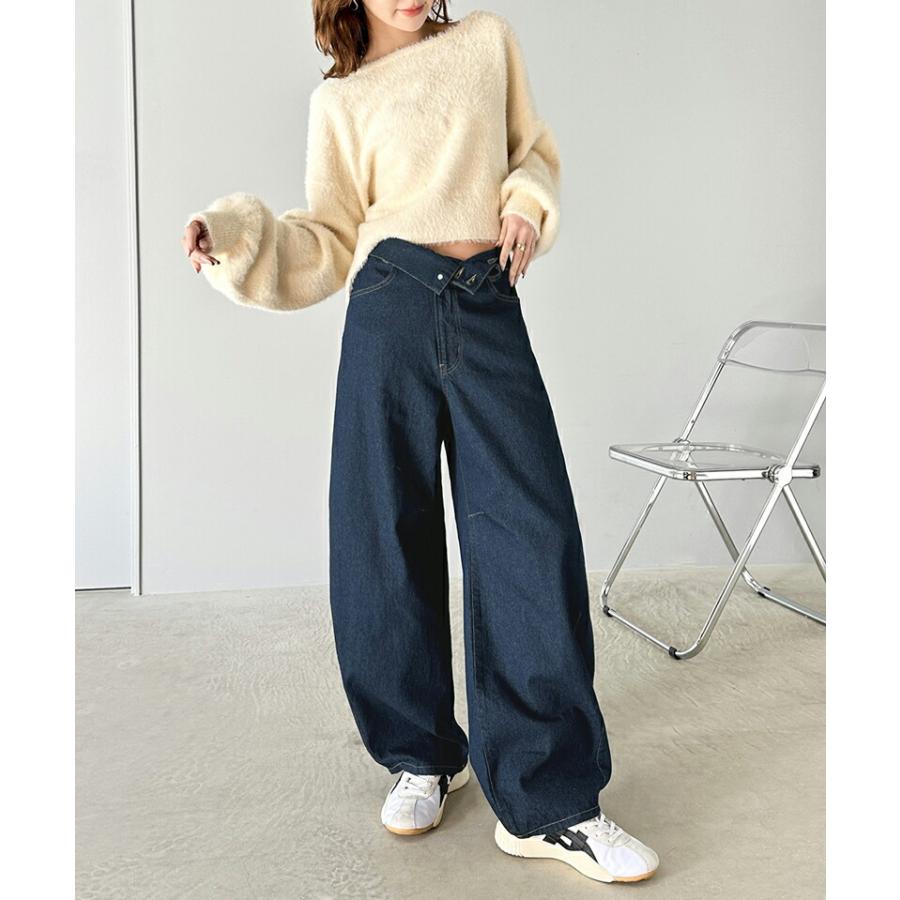 ボトムス パンツ レディース コットン 100% アシメ ウエスト カーブ デニム ワイド コクーン バルーン シルエット ハイウエスト スタイルアップ | classicalelf | 11