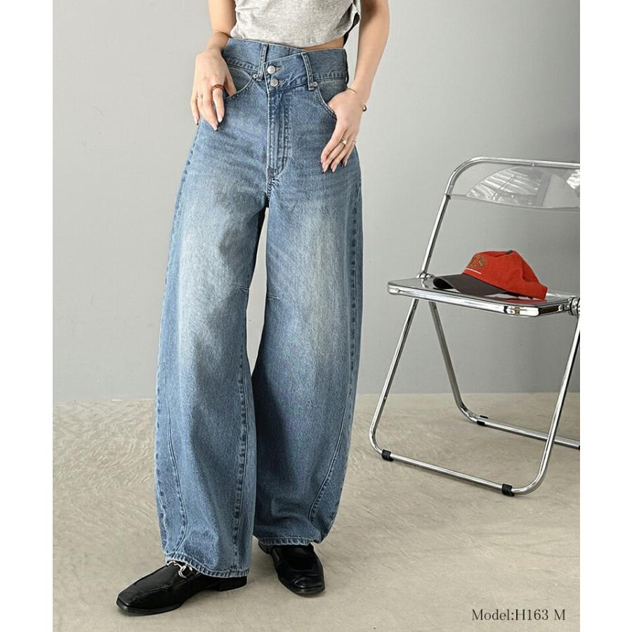 ボトムス パンツ レディース コットン 100% アシメ ウエスト カーブ デニム ワイド コクーン バルーン シルエット ハイウエスト スタイルアップ | classicalelf | 02