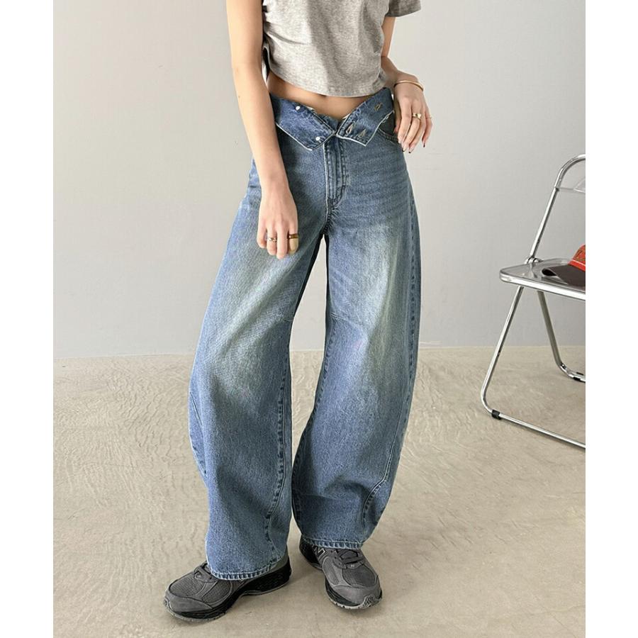 ボトムス パンツ レディース コットン 100% アシメ ウエスト カーブ デニム ワイド コクーン バルーン シルエット ハイウエスト スタイルアップ | classicalelf | 04