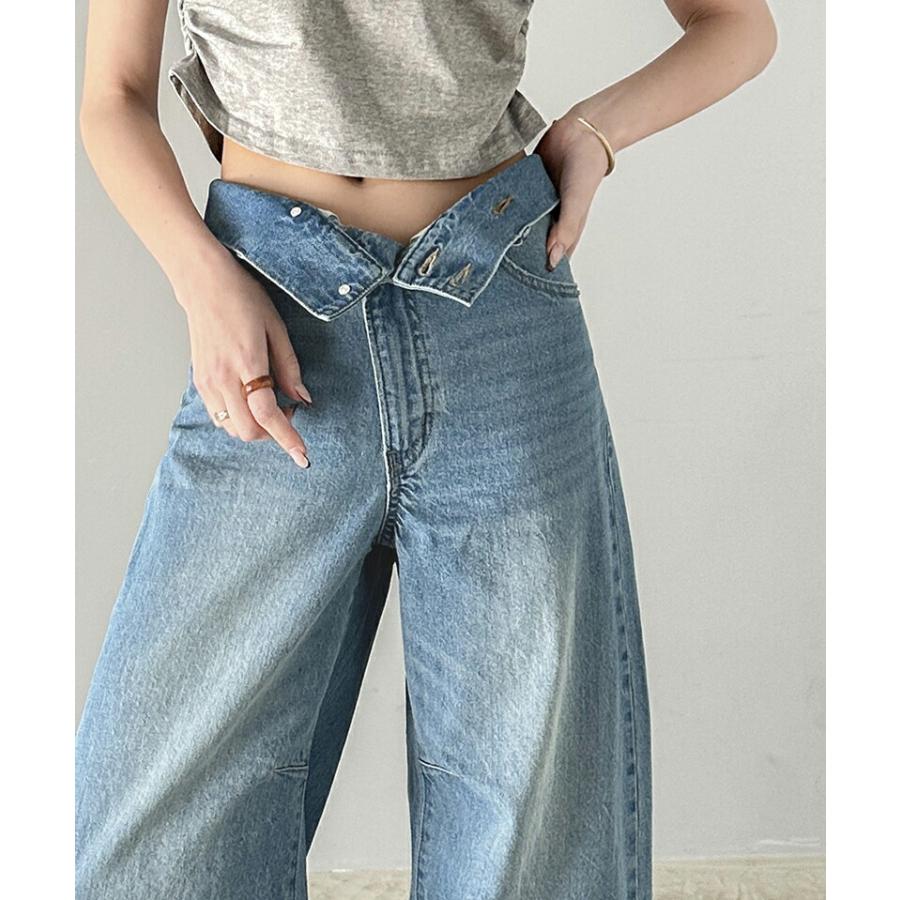 ボトムス パンツ レディース コットン 100% アシメ ウエスト カーブ デニム ワイド コクーン バルーン シルエット ハイウエスト スタイルアップ | classicalelf | 05