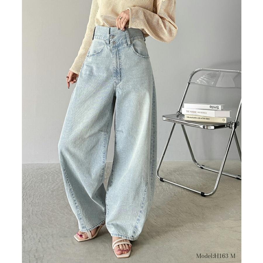 ボトムス パンツ レディース コットン 100% アシメ ウエスト カーブ デニム ワイド コクーン バルーン シルエット ハイウエスト スタイルアップ | classicalelf | 06