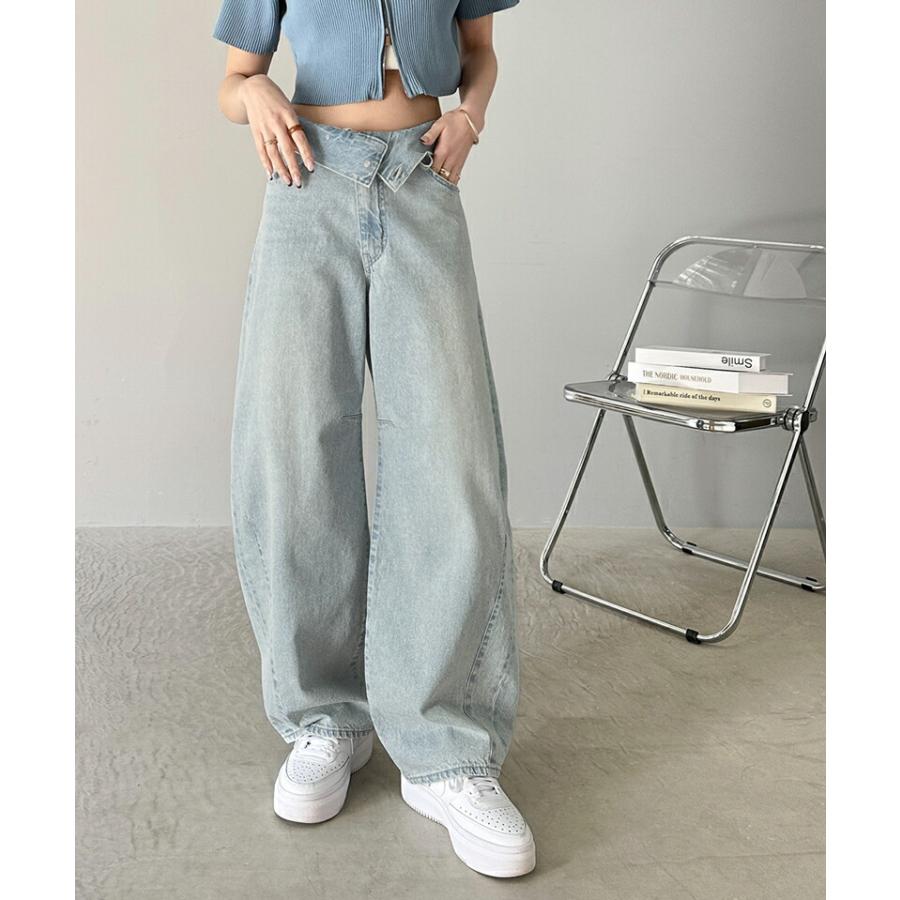 ボトムス パンツ レディース コットン 100% アシメ ウエスト カーブ デニム ワイド コクーン バルーン シルエット ハイウエスト スタイルアップ | classicalelf | 08