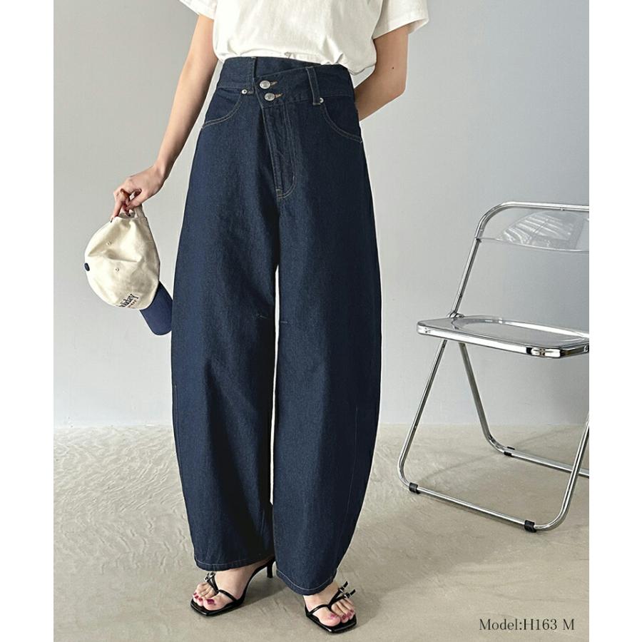 ボトムス パンツ レディース コットン 100% アシメ ウエスト カーブ デニム ワイド コクーン バルーン シルエット ハイウエスト スタイルアップ | classicalelf | 09