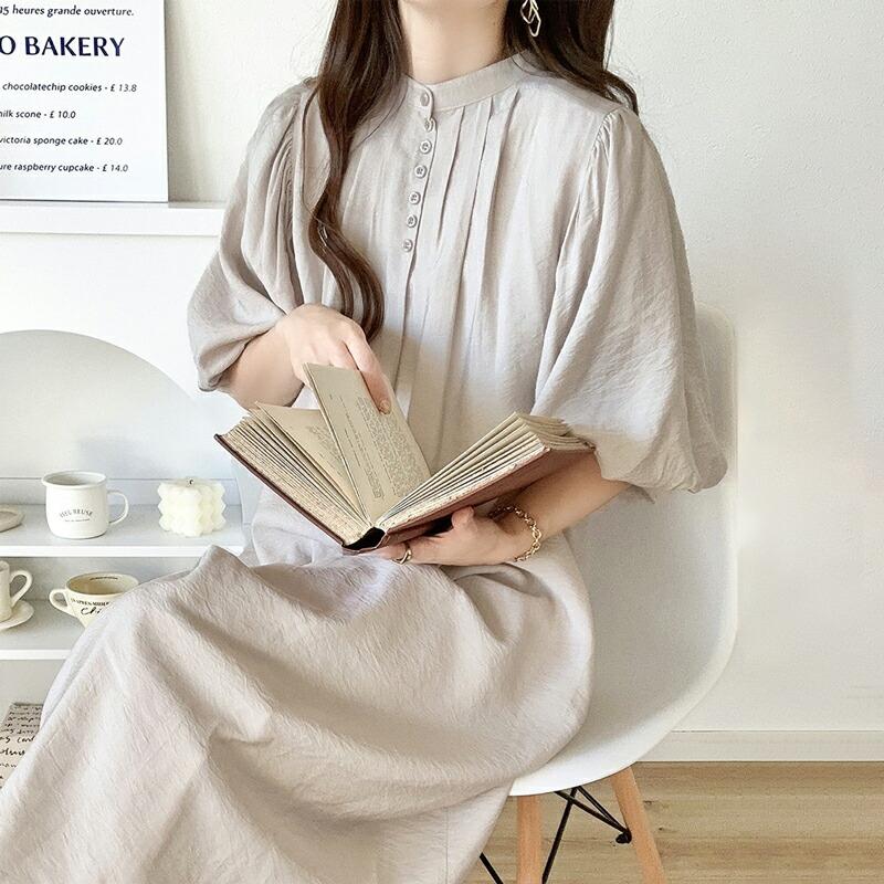 ワンピース レディース 前後 2way ボリューム スリーブ ロング シャツワンピ バンドカラー 羽織り 多ボタンデザイン スタイルカバー ゆったり | classicalelf