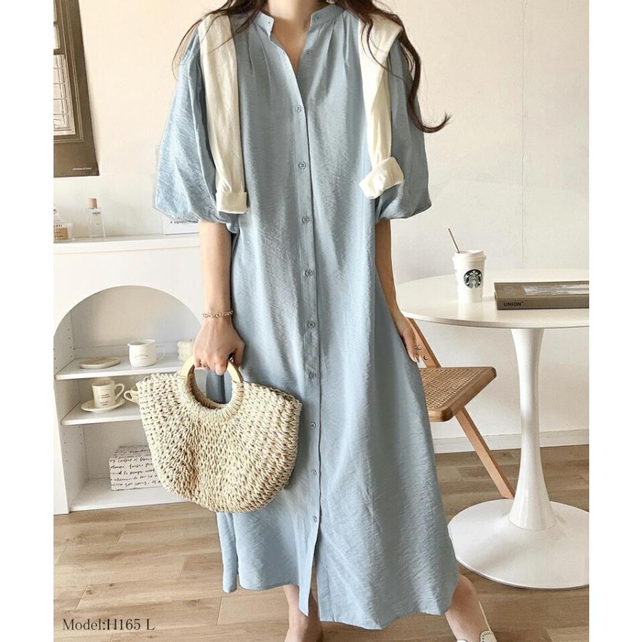 ワンピース レディース 前後 2way ボリューム スリーブ ロング シャツワンピ バンドカラー 羽織り 多ボタンデザイン スタイルカバー ゆったり | classicalelf | 13