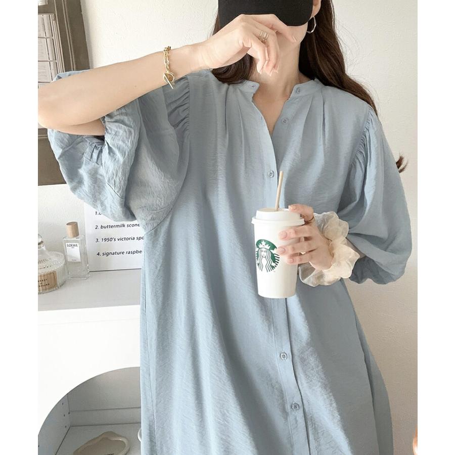 ワンピース レディース 前後 2way ボリューム スリーブ ロング シャツワンピ バンドカラー 羽織り 多ボタンデザイン スタイルカバー ゆったり | classicalelf | 14