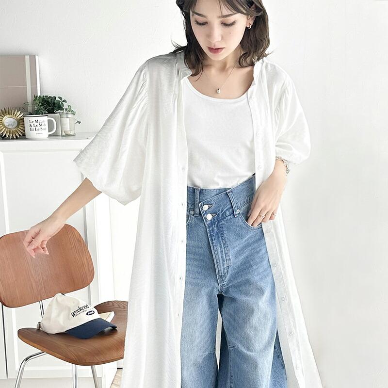 ワンピース レディース 前後 2way ボリューム スリーブ ロング シャツワンピ バンドカラー 羽織り 多ボタンデザイン スタイルカバー ゆったり | classicalelf | 18