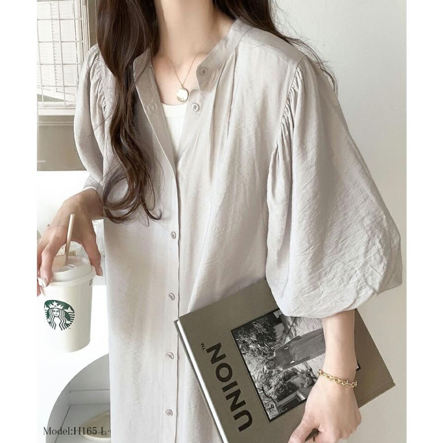 ワンピース レディース 前後 2way ボリューム スリーブ ロング シャツワンピ バンドカラー 羽織り 多ボタンデザイン スタイルカバー ゆったり | classicalelf | 02