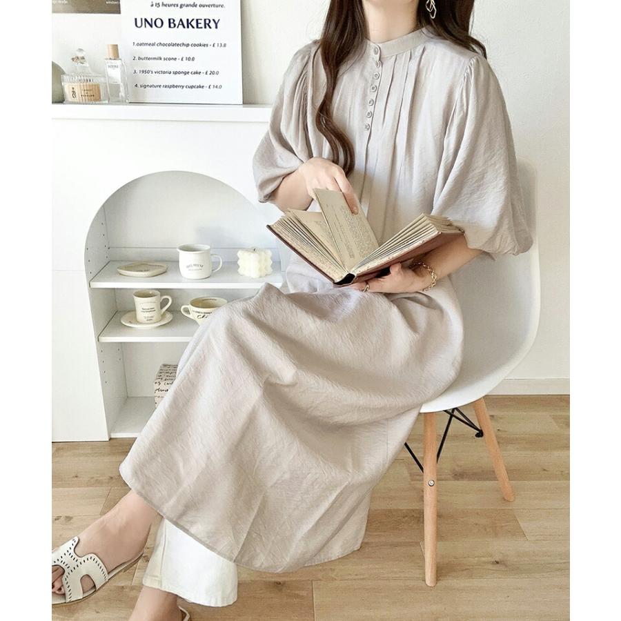 ワンピース レディース 前後 2way ボリューム スリーブ ロング シャツワンピ バンドカラー 羽織り 多ボタンデザイン スタイルカバー ゆったり | classicalelf | 03