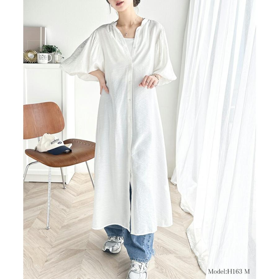 ワンピース レディース 前後 2way ボリューム スリーブ ロング シャツワンピ バンドカラー 羽織り 多ボタンデザイン スタイルカバー ゆったり | classicalelf | 06