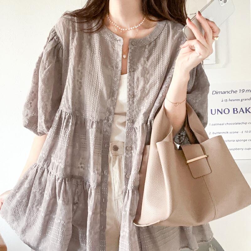 トップス シャツ レディース シアー ヴィンテージ 刺繍 3WAY バルーン スリーブ ティアード ブラウス バンドカラー ギャザー 羽織り | classicalelf