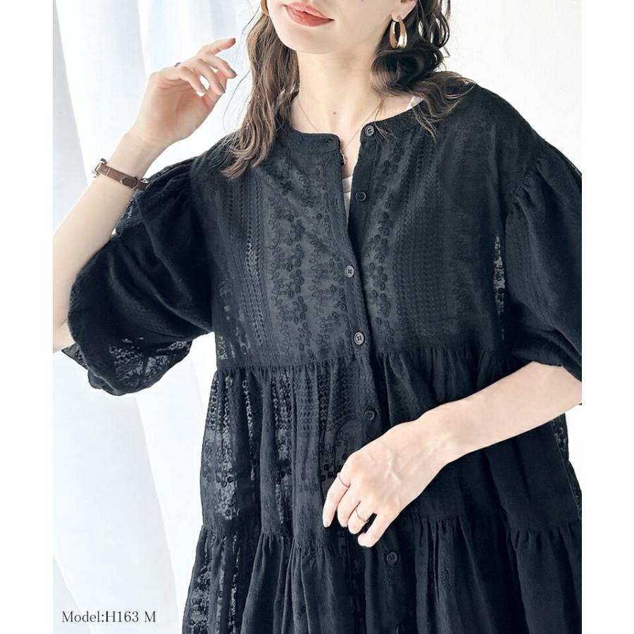 トップス シャツ レディース シアー ヴィンテージ 刺繍 3WAY バルーン スリーブ ティアード ブラウス バンドカラー ギャザー 羽織り | classicalelf | 10