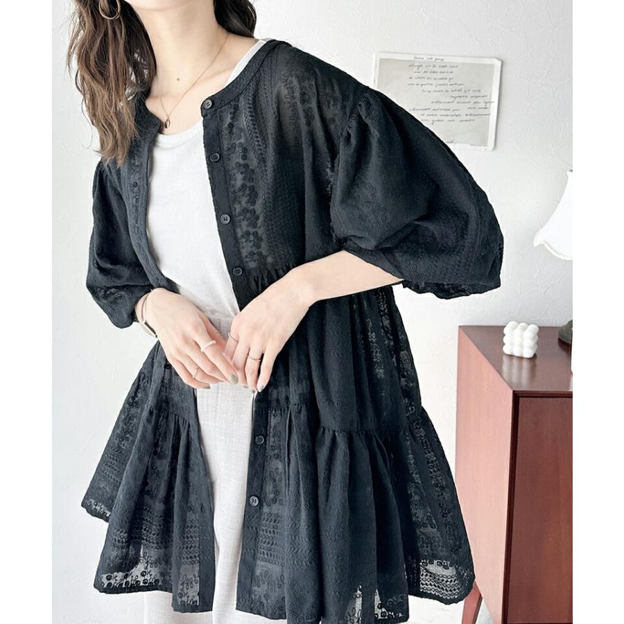トップス シャツ レディース シアー ヴィンテージ 刺繍 3WAY バルーン スリーブ ティアード ブラウス バンドカラー ギャザー 羽織り | classicalelf | 11