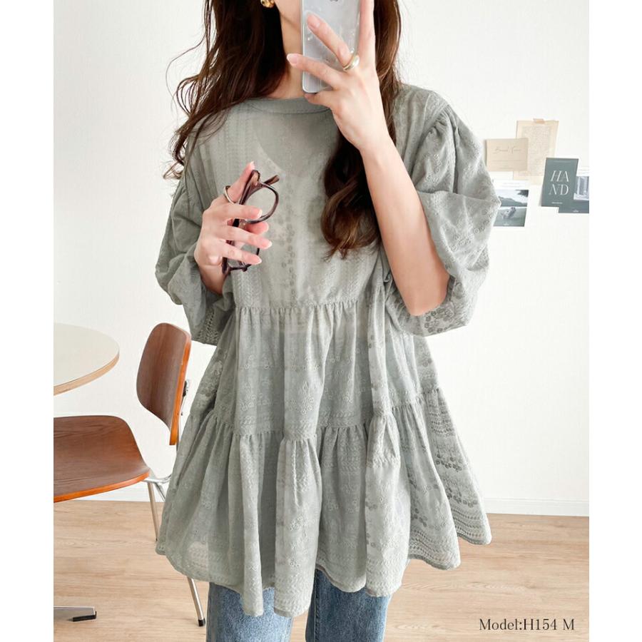 トップス シャツ レディース シアー ヴィンテージ 刺繍 3WAY バルーン スリーブ ティアード ブラウス バンドカラー ギャザー 羽織り | classicalelf | 13