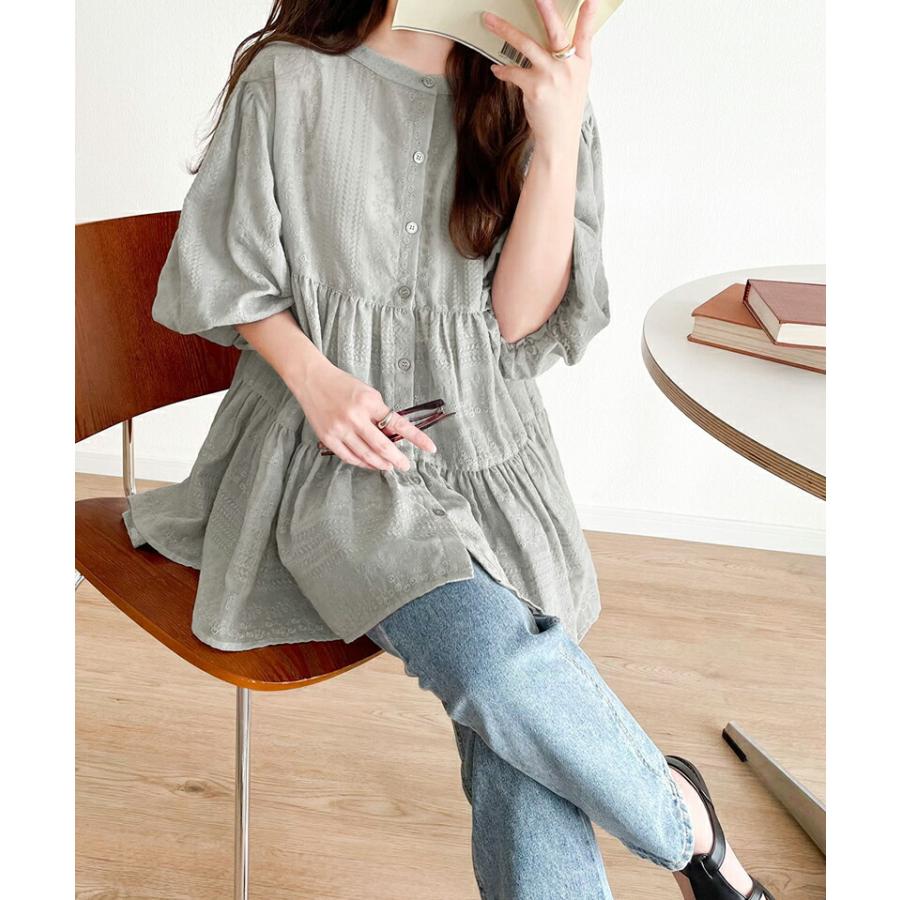 トップス シャツ レディース シアー ヴィンテージ 刺繍 3WAY バルーン スリーブ ティアード ブラウス バンドカラー ギャザー 羽織り | classicalelf | 15