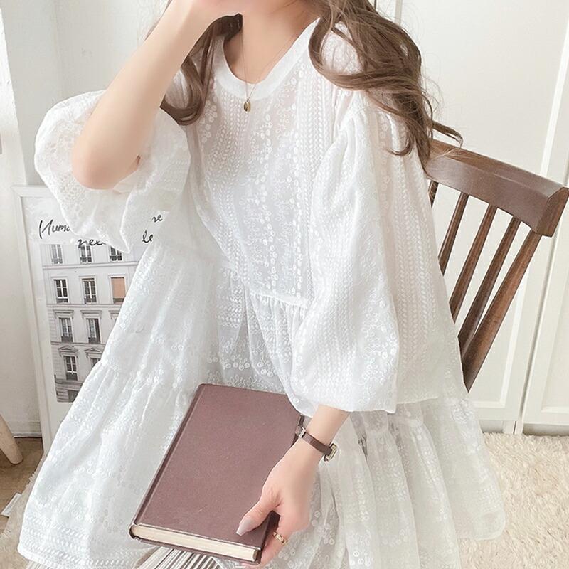 トップス シャツ レディース シアー ヴィンテージ 刺繍 3WAY バルーン スリーブ ティアード ブラウス バンドカラー ギャザー 羽織り | classicalelf | 18