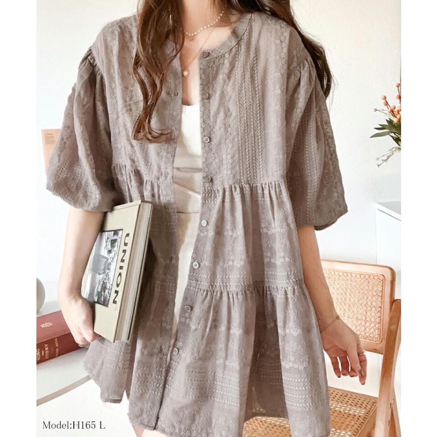 トップス シャツ レディース シアー ヴィンテージ 刺繍 3WAY バルーン スリーブ ティアード ブラウス バンドカラー ギャザー 羽織り | classicalelf | 02