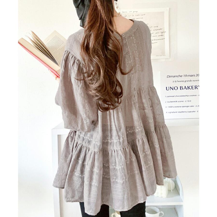 トップス シャツ レディース シアー ヴィンテージ 刺繍 3WAY バルーン スリーブ ティアード ブラウス バンドカラー ギャザー 羽織り | classicalelf | 04