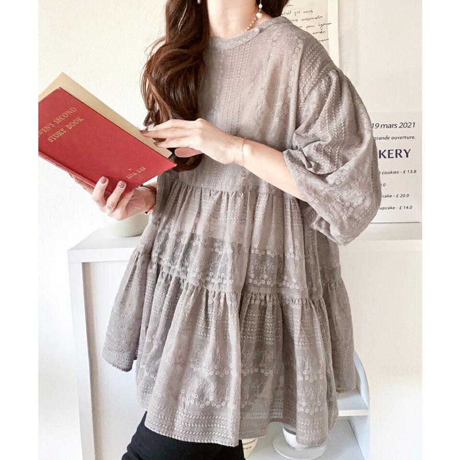 トップス シャツ レディース シアー ヴィンテージ 刺繍 3WAY バルーン スリーブ ティアード ブラウス バンドカラー ギャザー 羽織り | classicalelf | 05