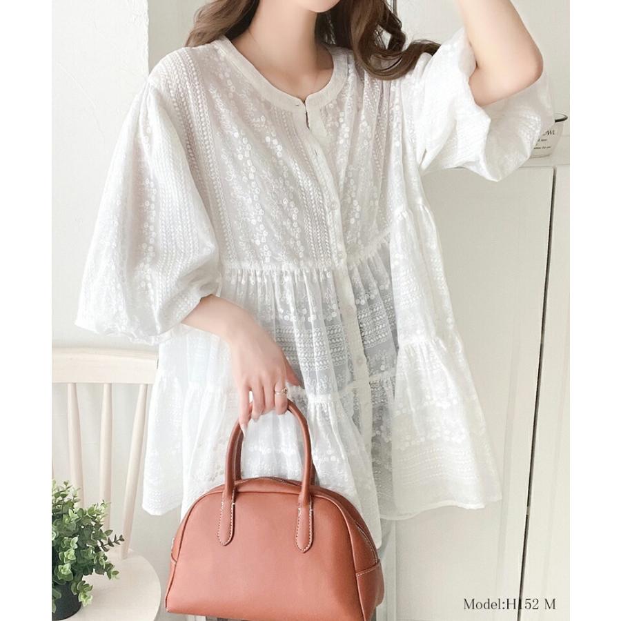 トップス シャツ レディース シアー ヴィンテージ 刺繍 3WAY バルーン スリーブ ティアード ブラウス バンドカラー ギャザー 羽織り | classicalelf | 06