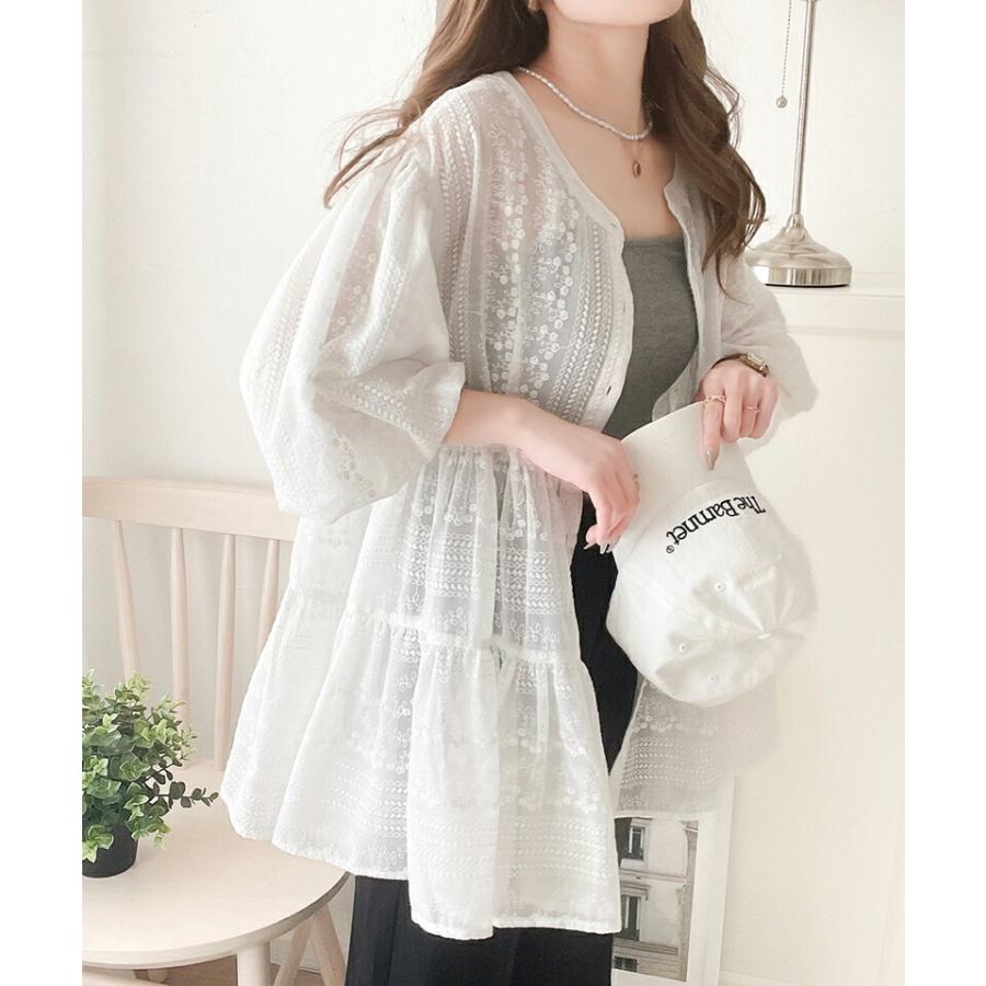 トップス シャツ レディース シアー ヴィンテージ 刺繍 3WAY バルーン スリーブ ティアード ブラウス バンドカラー ギャザー 羽織り | classicalelf | 07