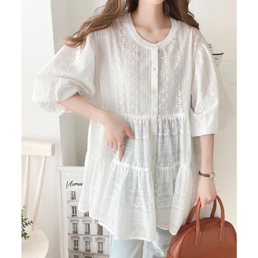 トップス シャツ レディース シアー ヴィンテージ 刺繍 3WAY バルーン スリーブ ティアード ブラウス バンドカラー ギャザー 羽織り | classicalelf | 08