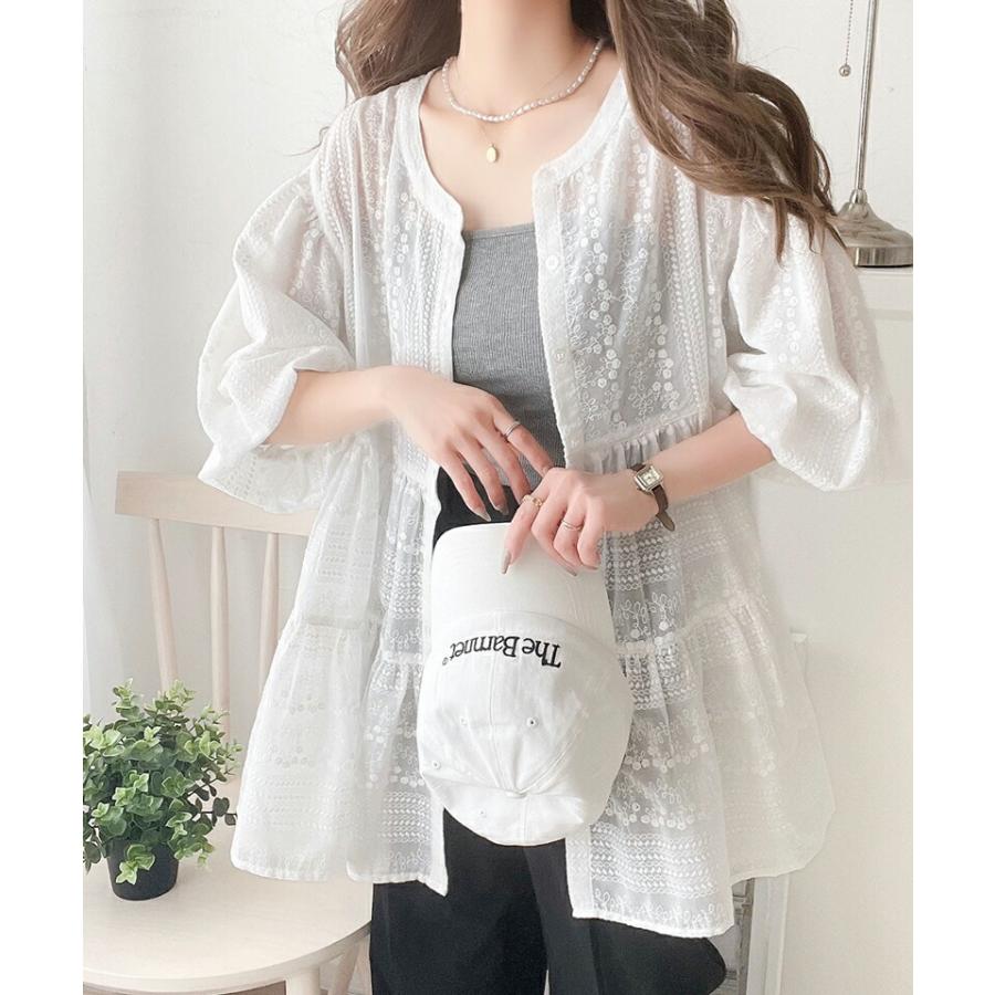 トップス シャツ レディース シアー ヴィンテージ 刺繍 3WAY バルーン スリーブ ティアード ブラウス バンドカラー ギャザー 羽織り | classicalelf | 09