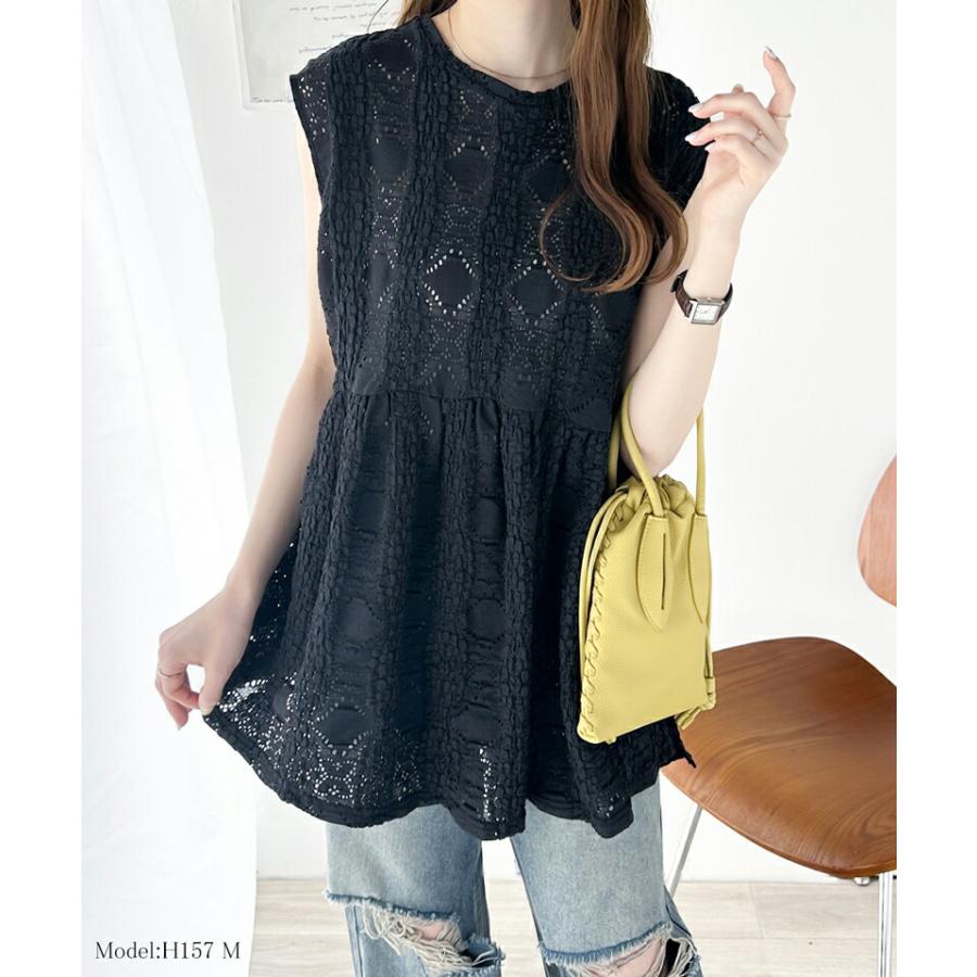 トップス ブラウス レディース ぽこぽこ 立体 レース ティアード ノースリーブ シャツ ペプラム ギャザー フレンチ スリーブ ウエスト 切替 | classicalelf | 10