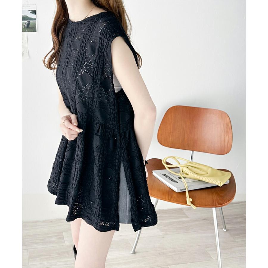 トップス ブラウス レディース ぽこぽこ 立体 レース ティアード ノースリーブ シャツ ペプラム ギャザー フレンチ スリーブ ウエスト 切替 | classicalelf | 13