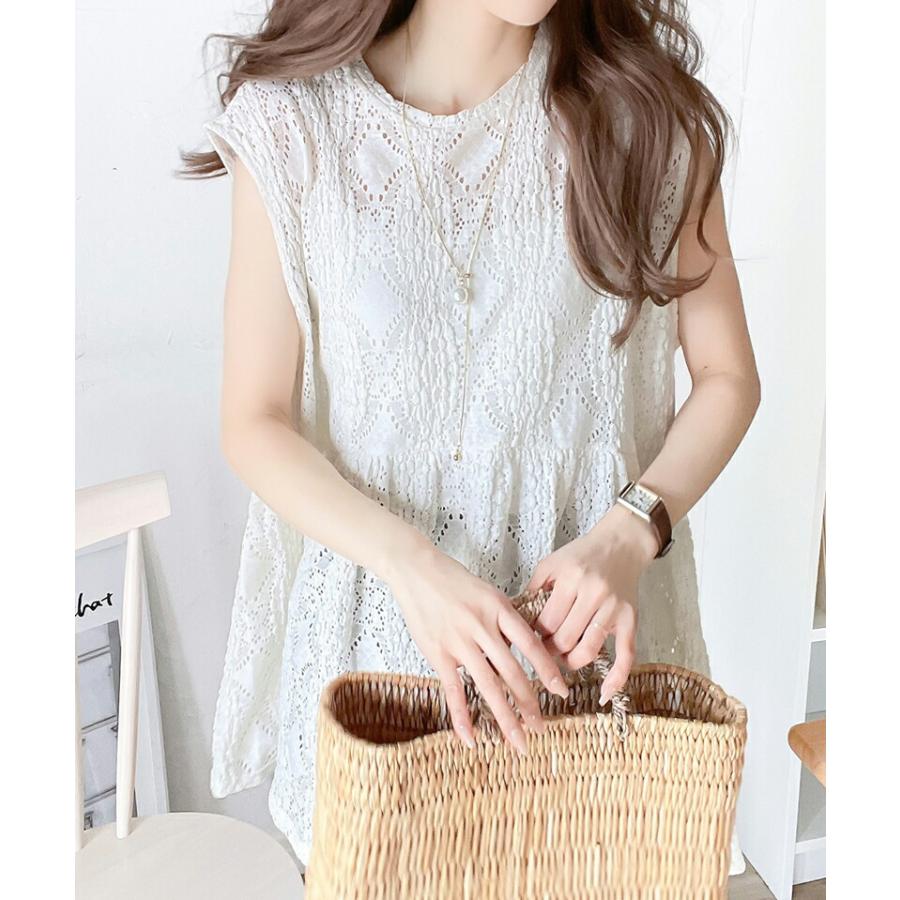 トップス ブラウス レディース ぽこぽこ 立体 レース ティアード ノースリーブ シャツ ペプラム ギャザー フレンチ スリーブ ウエスト 切替 | classicalelf | 04