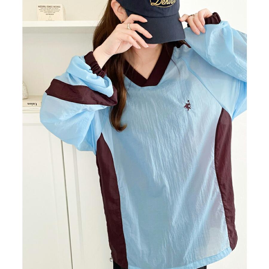 トップス Tシャツ レディース レトロ 配色 胸 刺繍 シアー 速乾性 ナイロン 裾 ドロスト V ネック プルオーバー 男女兼用 ユニセックス メンズ | classicalelf | 14