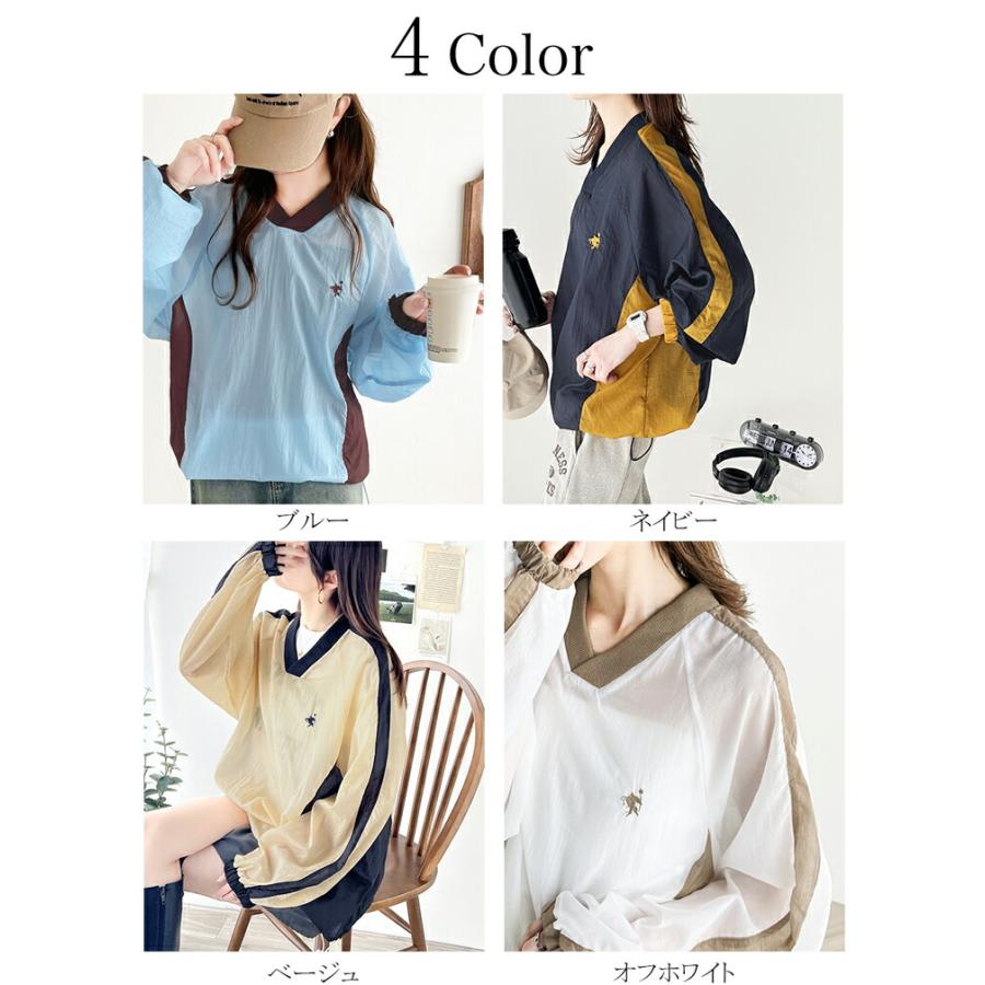 トップス Tシャツ レディース レトロ 配色 胸 刺繍 シアー 速乾性 ナイロン 裾 ドロスト V ネック プルオーバー 男女兼用 ユニセックス メンズ | classicalelf | 01