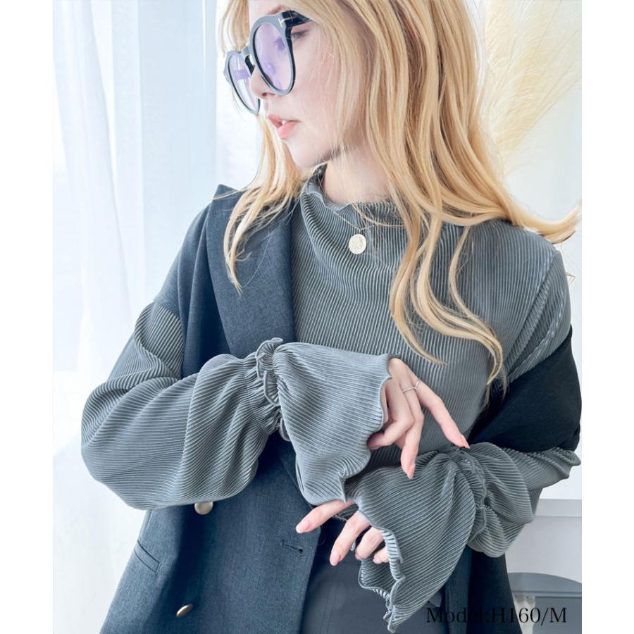 トップス プリーツ レディース カットソー キャンディースリーブ メロー プリーツ ハイネック フリル 光沢感 レイヤード 重ね着 ゆったり | classicalelf | 11