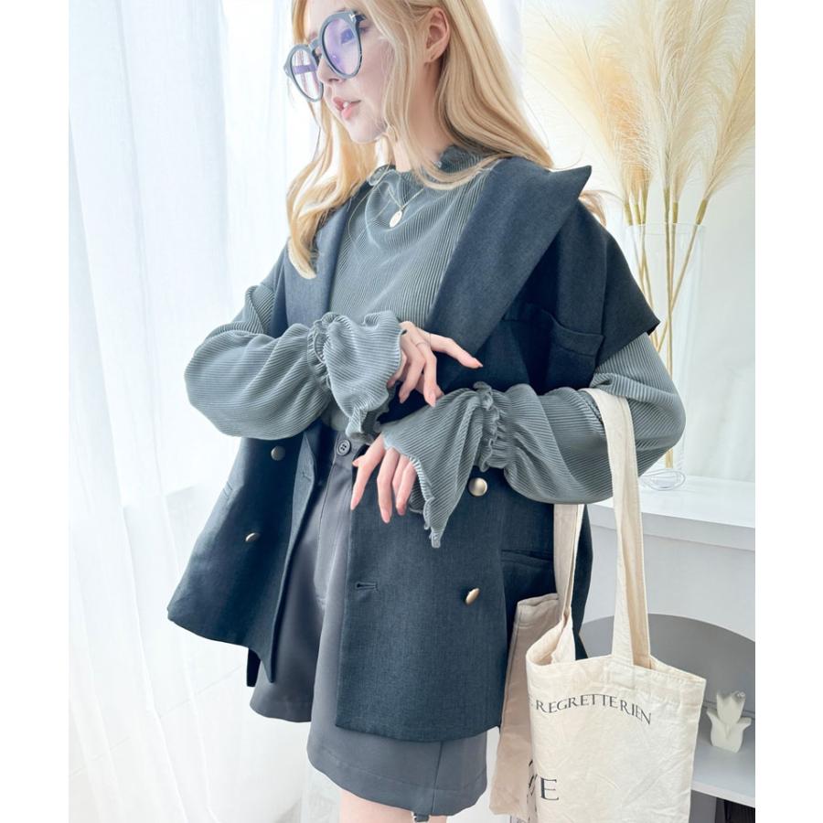 トップス プリーツ レディース カットソー キャンディースリーブ メロー プリーツ ハイネック フリル 光沢感 レイヤード 重ね着 ゆったり | classicalelf | 13