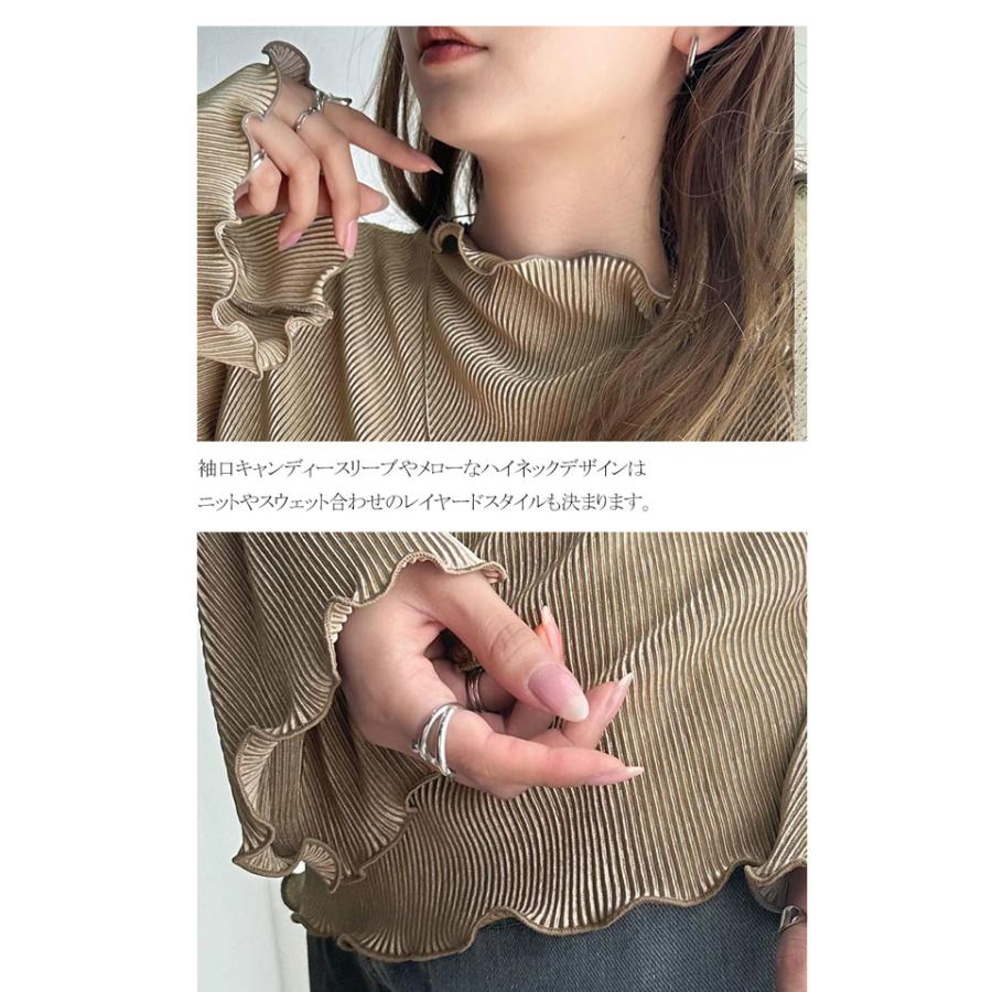 トップス プリーツ レディース カットソー キャンディースリーブ メロー プリーツ ハイネック フリル 光沢感 レイヤード 重ね着 ゆったり | classicalelf | 14