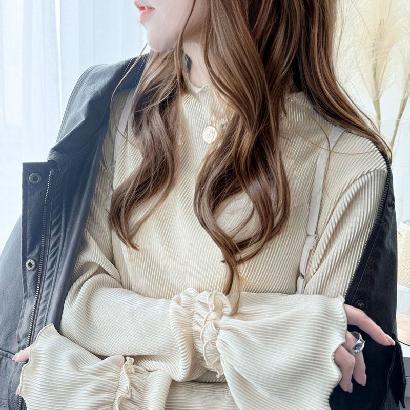 トップス プリーツ レディース カットソー キャンディースリーブ メロー プリーツ ハイネック フリル 光沢感 レイヤード 重ね着 ゆったり | classicalelf | 16