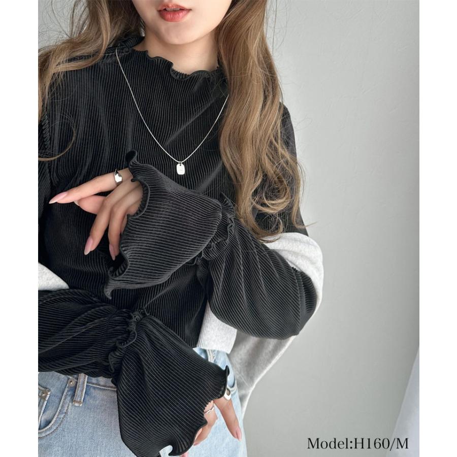 トップス プリーツ レディース カットソー キャンディースリーブ メロー プリーツ ハイネック フリル 光沢感 レイヤード 重ね着 ゆったり | classicalelf | 02