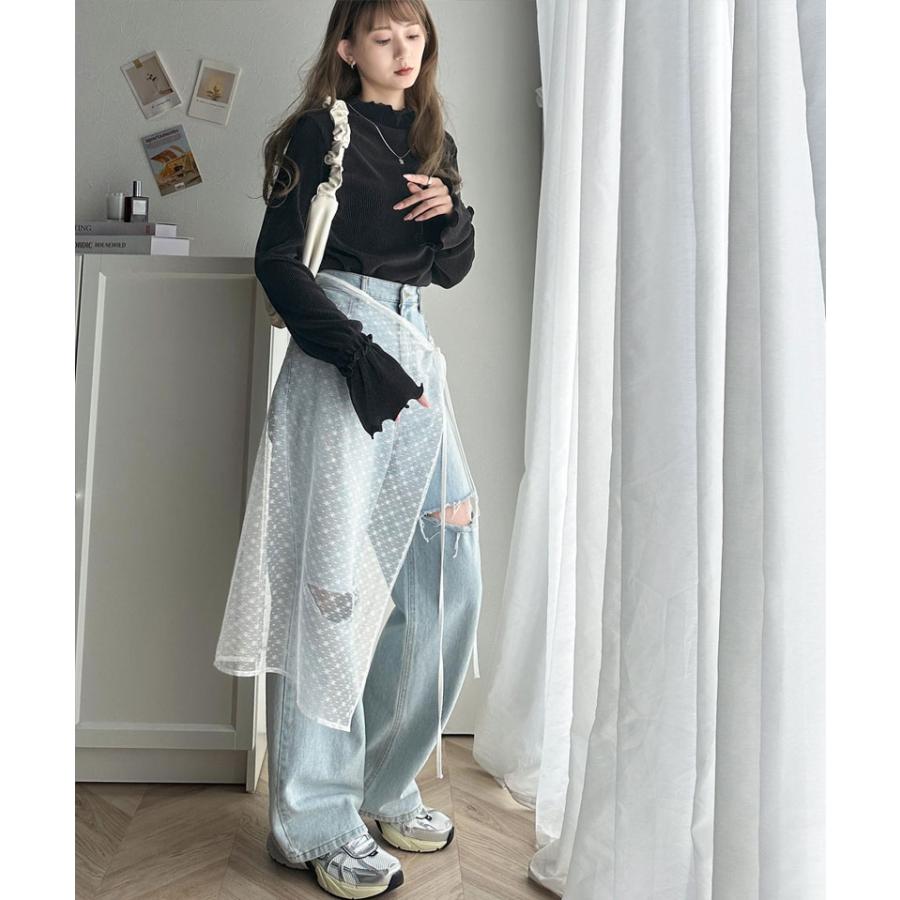 トップス プリーツ レディース カットソー キャンディースリーブ メロー プリーツ ハイネック フリル 光沢感 レイヤード 重ね着 ゆったり | classicalelf | 03