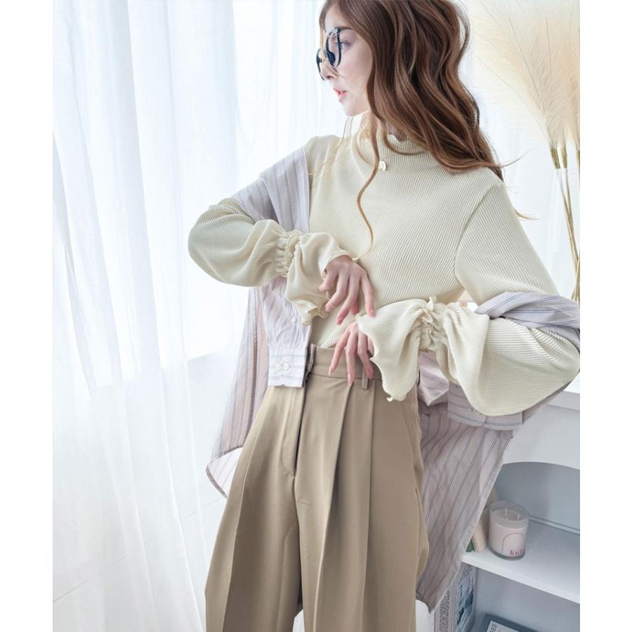 トップス プリーツ レディース カットソー キャンディースリーブ メロー プリーツ ハイネック フリル 光沢感 レイヤード 重ね着 ゆったり | classicalelf | 06