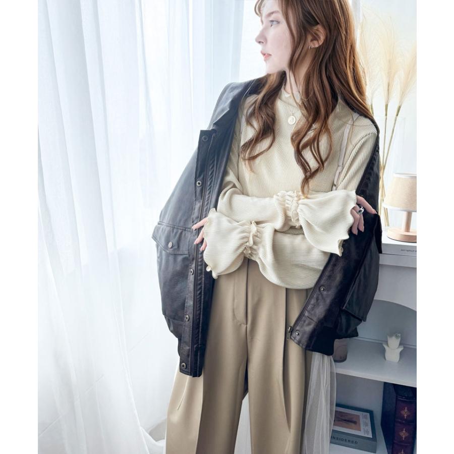 トップス プリーツ レディース カットソー キャンディースリーブ メロー プリーツ ハイネック フリル 光沢感 レイヤード 重ね着 ゆったり | classicalelf | 07