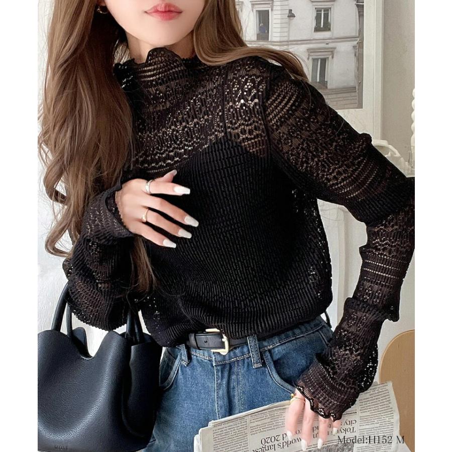 トップス Tシャツ レディース 華やか 薄手 レース プリーツ メロー メロウ ハイネック プルオーバー ボリューム 袖 華奢魅せ レイヤードコーデ | classicalelf | 10