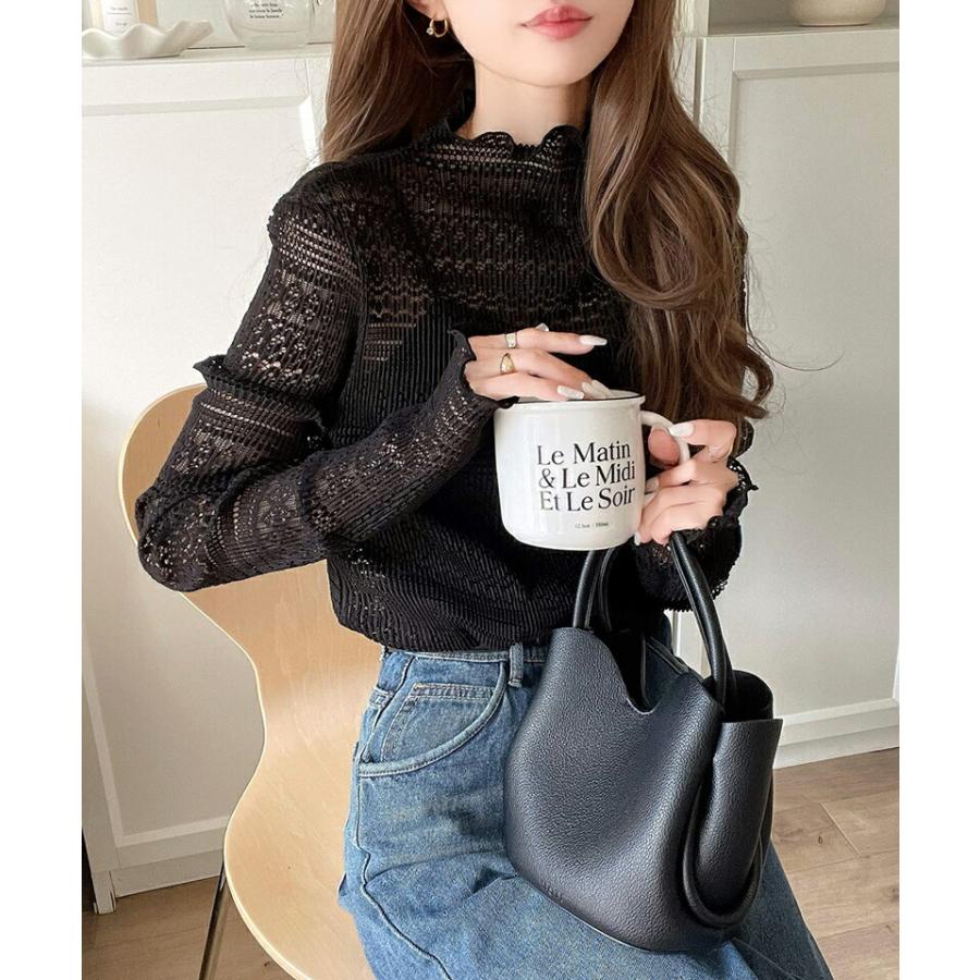 トップス Tシャツ レディース 華やか 薄手 レース プリーツ メロー メロウ ハイネック プルオーバー ボリューム 袖 華奢魅せ レイヤードコーデ | classicalelf | 11