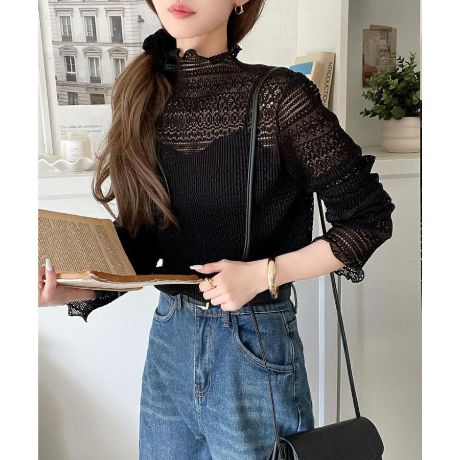トップス Tシャツ レディース 華やか 薄手 レース プリーツ メロー メロウ ハイネック プルオーバー ボリューム 袖 華奢魅せ レイヤードコーデ | classicalelf | 12