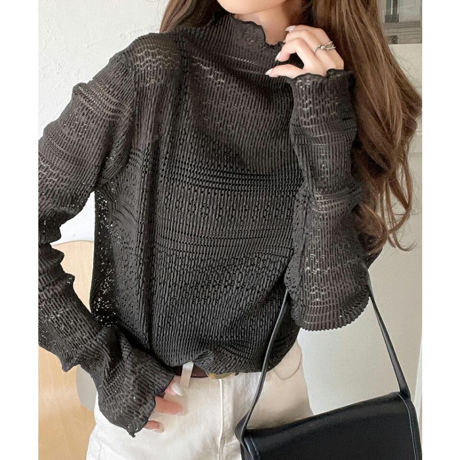 トップス Tシャツ レディース 華やか 薄手 レース プリーツ メロー メロウ ハイネック プルオーバー ボリューム 袖 華奢魅せ レイヤードコーデ | classicalelf | 14